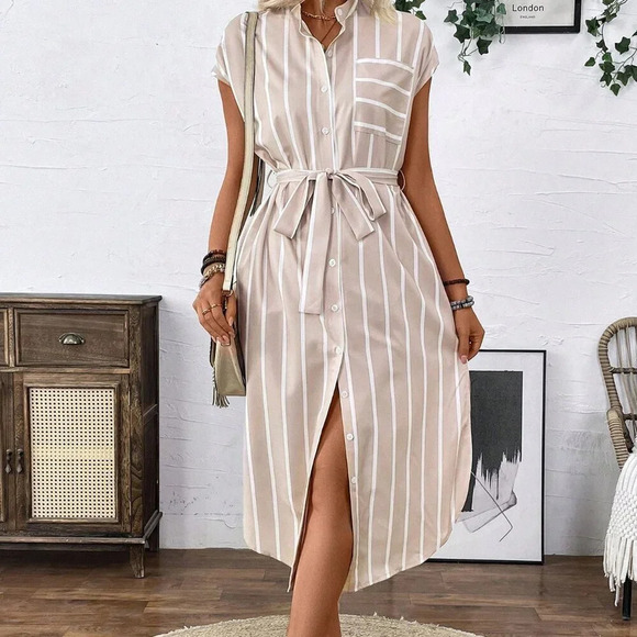 Apricot Casual Women's French-Style Striped Color-Block Shirt Dress - Picture 4 of 8